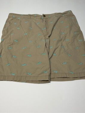 Magellan Outdoors Tan Flat-Front Shorts with Teal Fish Embroidery